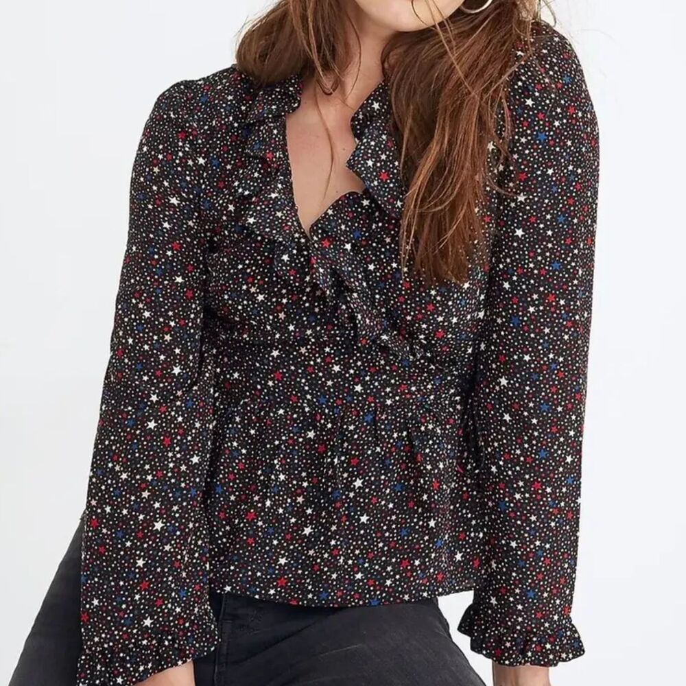 Madewell Silk Wrap Top Small in Starry Night Ruffle Long sleeve